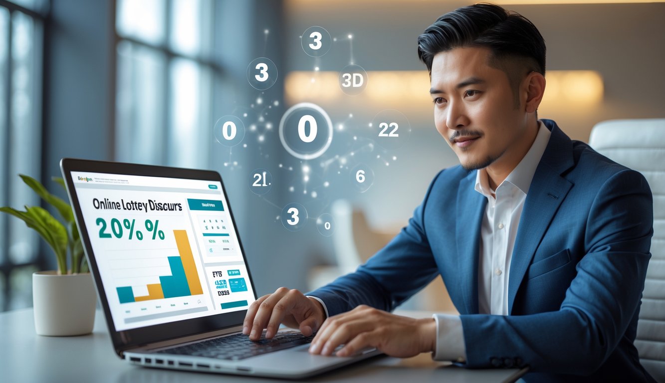 Seorang pria muda duduk di meja kantor modern dengan laptop, tampak fokus menganalisis data terkait diskon togel online.