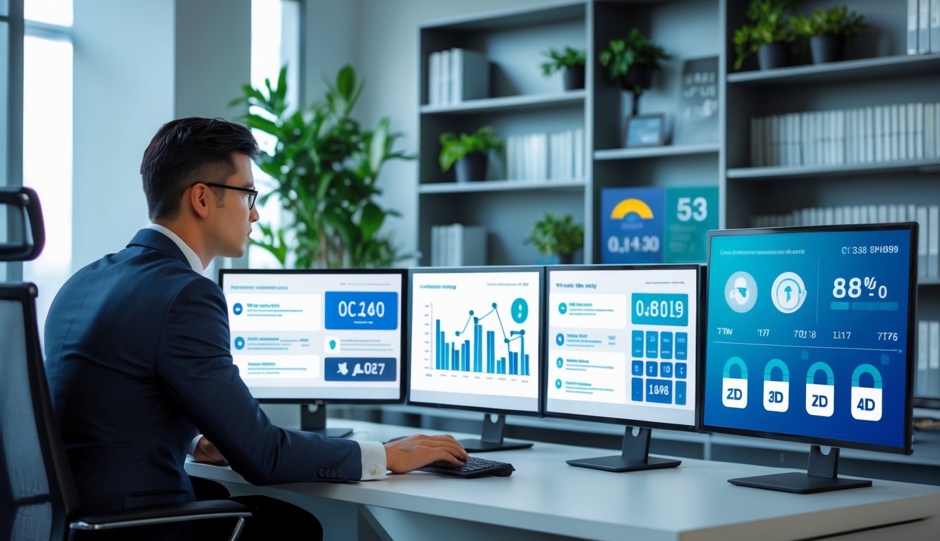 Seorang profesional duduk di meja kantor modern, memeriksa data pada beberapa layar digital yang menampilkan grafik dan ikon transaksi aman, menggambarkan proses memilih bandar togel online yang terpercaya.
