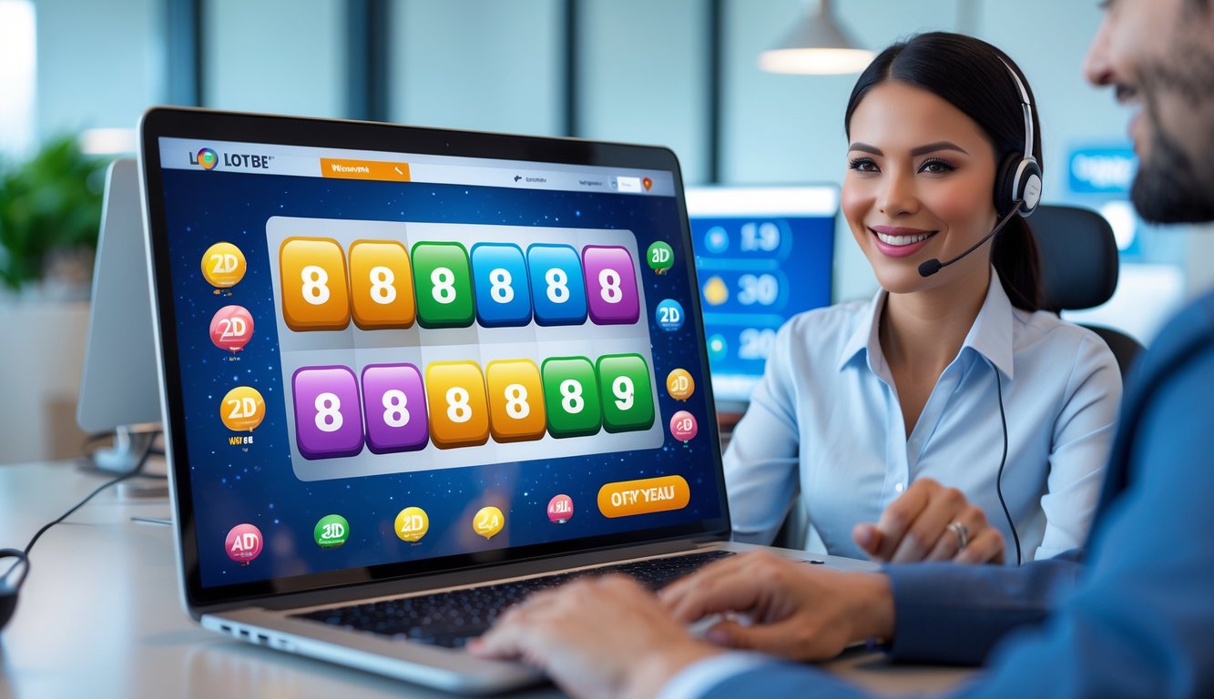 Seorang perwakilan layanan pelanggan tersenyum di depan laptop dan smartphone yang menampilkan platform togel online dengan angka dan ikon diskon, di ruang kantor yang terang dan rapi.