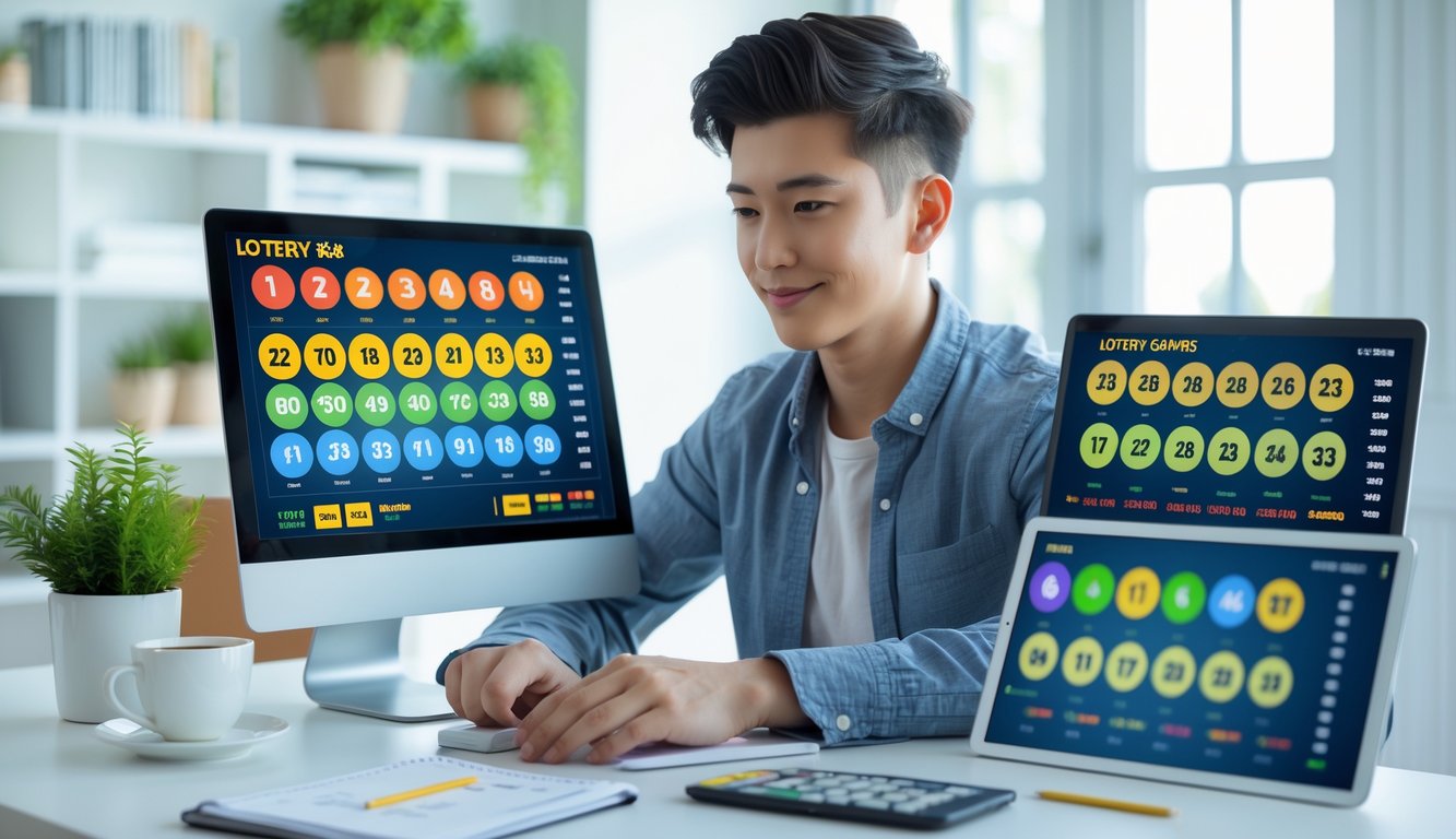 Seorang pria muda duduk di meja kerja dengan beberapa perangkat digital menampilkan angka dan grafik lotre, sedang menganalisis data di ruang kerja yang terang dan rapi.