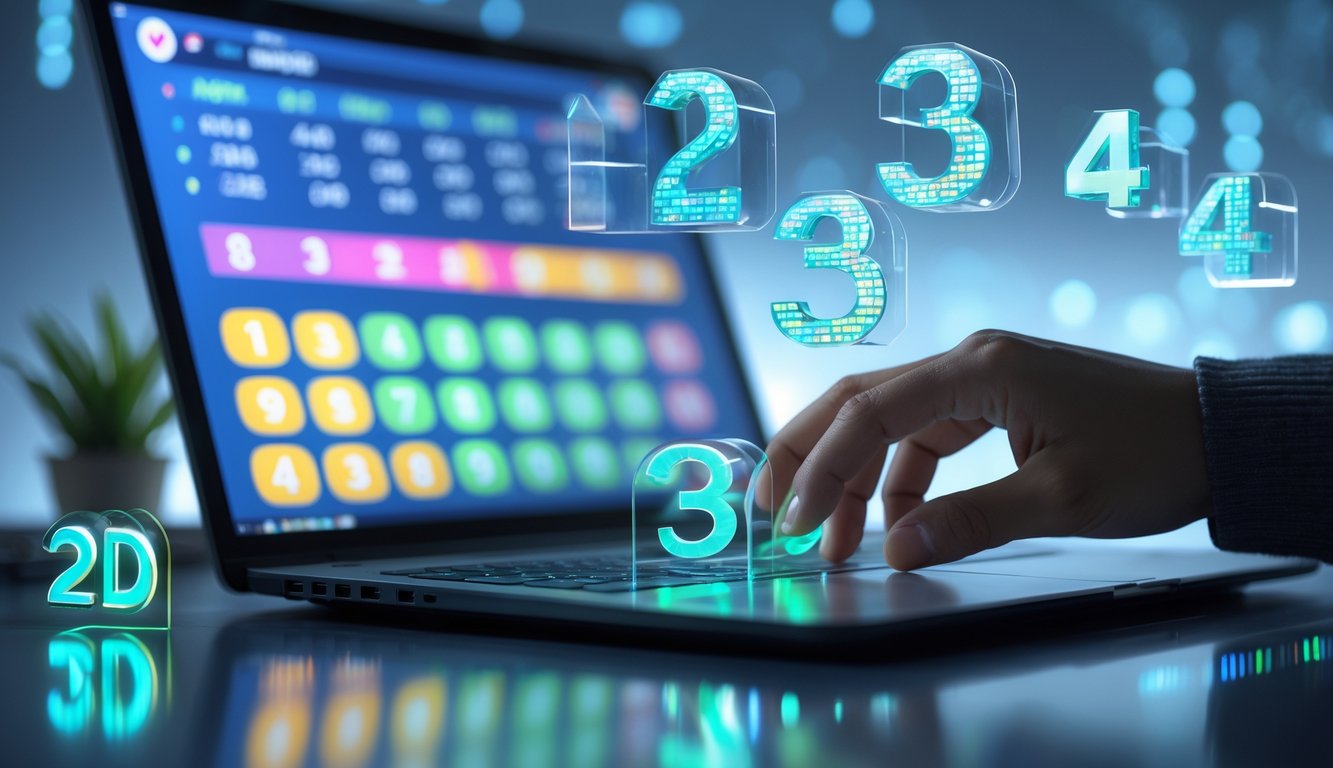 Seseorang menggunakan laptop dengan angka lotre dan elemen holografik angka 2D, 3D, dan 4D mengambang di udara di depan mereka.