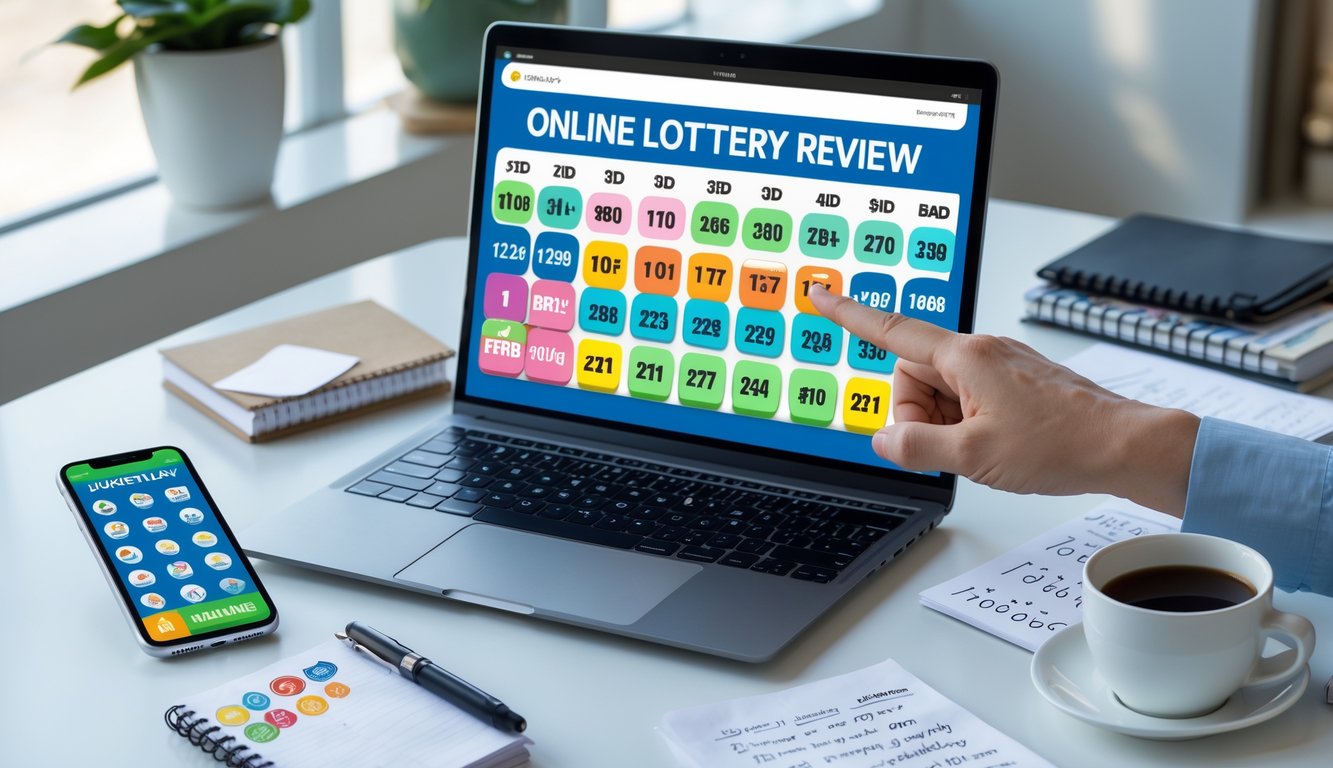Seseorang bekerja di meja dengan laptop yang menampilkan angka lotre dan grafik, dikelilingi oleh smartphone, buku catatan, dan secangkir kopi di ruangan yang terang.