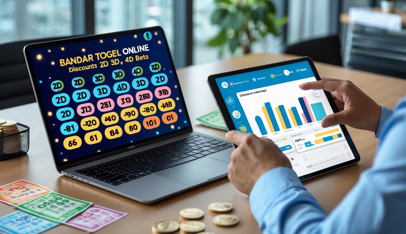 Seorang pria menggunakan laptop dan tablet di meja kantor yang bersih dengan tampilan angka lotere dan grafik di layar.