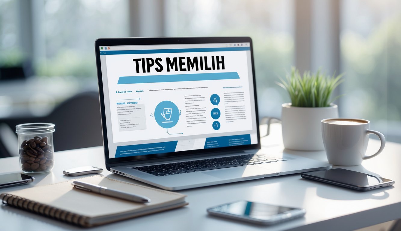 Meja kerja modern dengan laptop, buku catatan, pena, ponsel, dan secangkir kopi di dekat jendela yang menerangi ruangan.