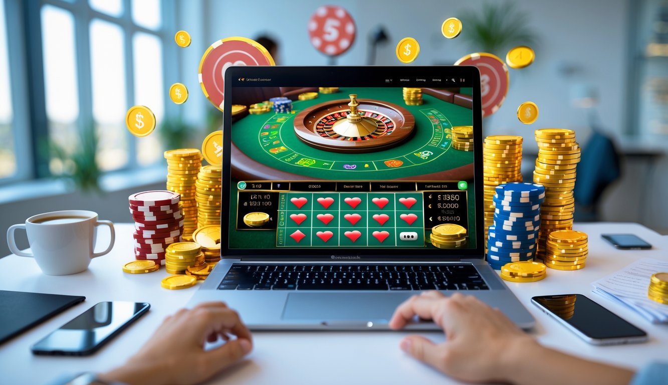 Seorang pemain muda tersenyum sambil bermain kasino online di laptop dengan tumpukan chip poker dan koin di meja.