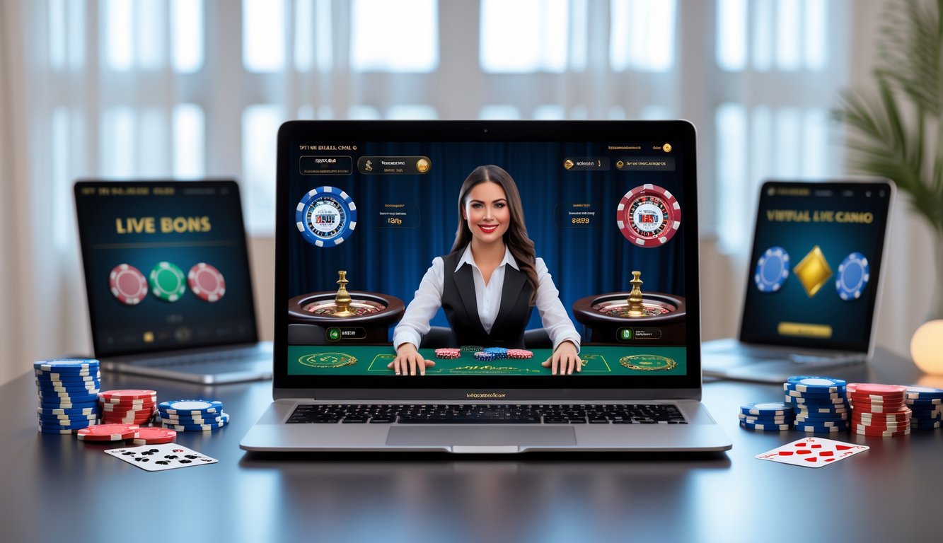 Seorang wanita dealer kasino langsung di layar komputer dengan chip poker dan kartu bermain di meja, di ruang tamu yang nyaman.