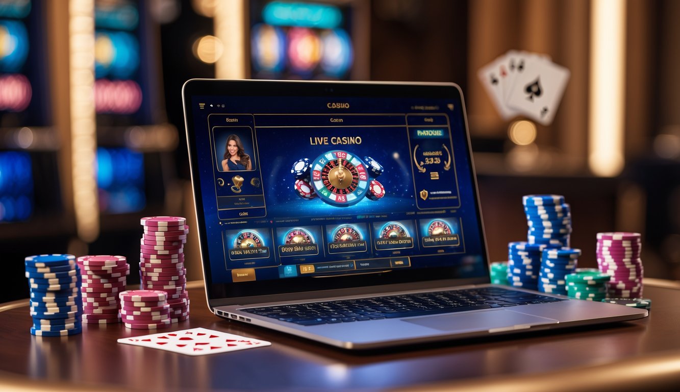 Seorang pria menggunakan laptop di meja dengan tumpukan chip poker dan kartu remi, menampilkan suasana kasino online yang meyakinkan dan menarik.