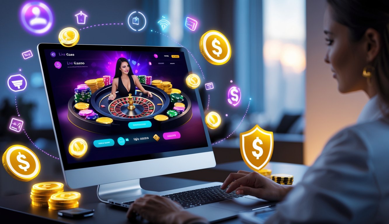 Seorang pemain menggunakan komputer dengan tampilan dealer langsung di layar, dikelilingi oleh simbol koin dan ikon keamanan yang menunjukkan situs live casino online terpercaya dengan bonus tinggi.