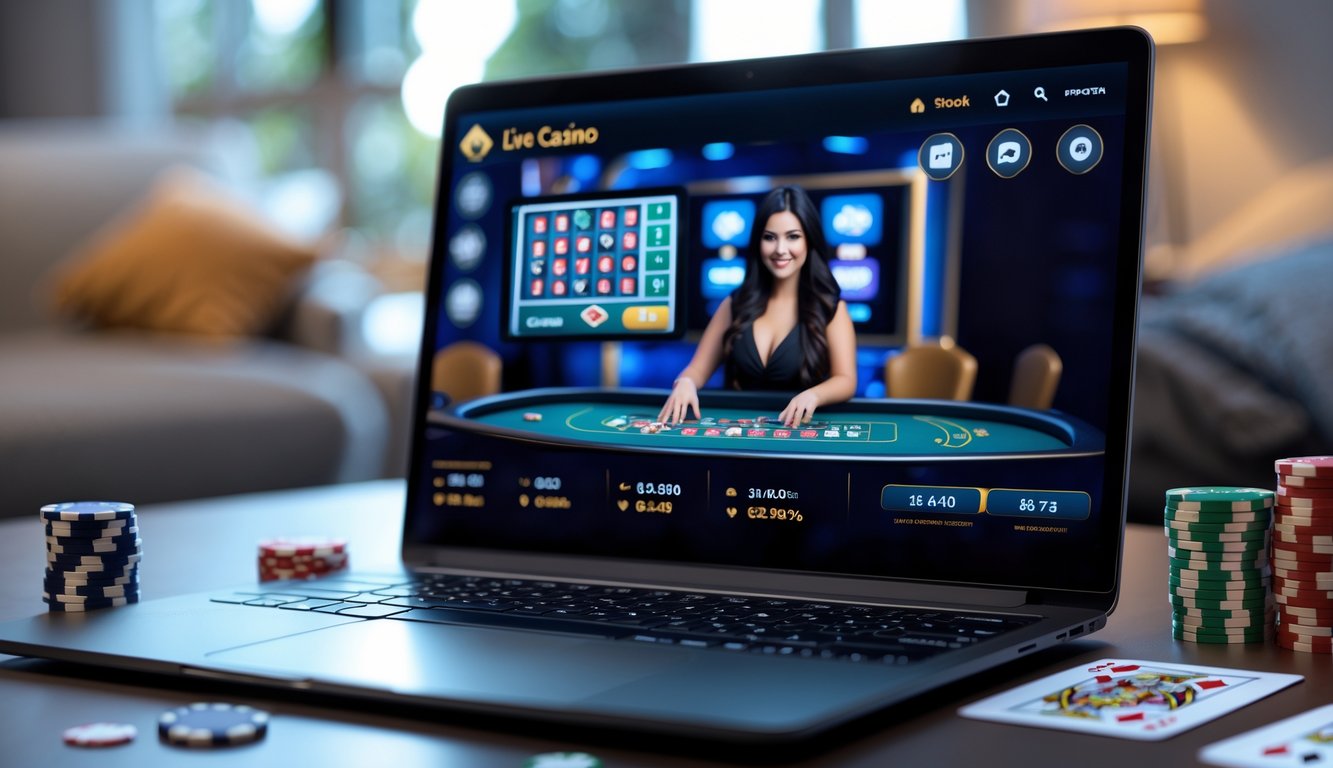 Seorang pengguna bermain live casino online di laptop dengan dealer kasino langsung di layar dan chip poker di sekitar perangkat.