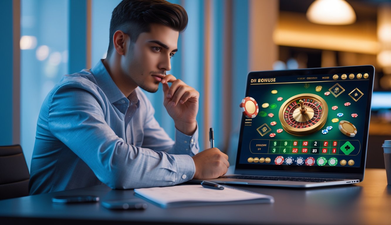 Seorang pria muda duduk di meja dengan laptop yang menampilkan permainan kasino online, sambil mencatat di buku catatan.