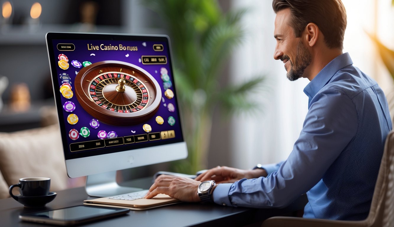 Seorang pria dewasa menggunakan laptop dengan tampilan permainan kasino langsung, dikelilingi oleh chip poker dan alat tulis di meja.