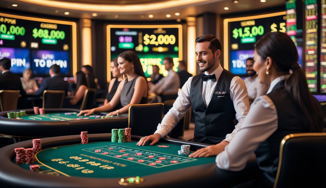 Seorang dealer di meja kasino langsung dengan pemain yang fokus bermain, layar digital menampilkan jumlah jackpot dan promosi di latar belakang.
