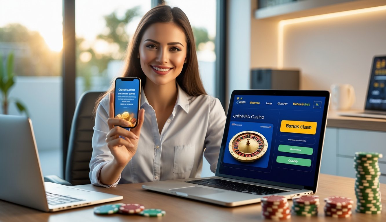 Seorang wanita muda tersenyum duduk di meja dengan laptop dan ponsel, menunjukkan aktivitas klaim bonus di kasino online.