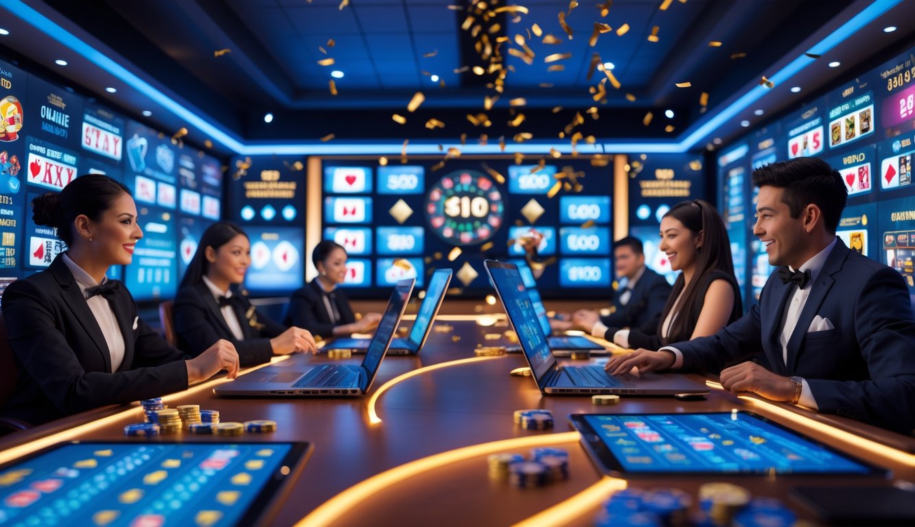 Suasana kasino online dengan dealer profesional dan pemain menggunakan perangkat digital di meja permainan yang modern dan terang.