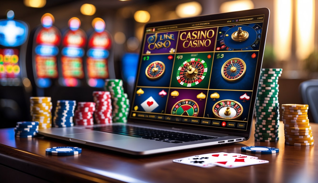 Seorang pria menggunakan laptop dengan beberapa permainan kasino langsung yang terbuka di layar, dikelilingi chip poker dan kartu remi di atas meja kayu.