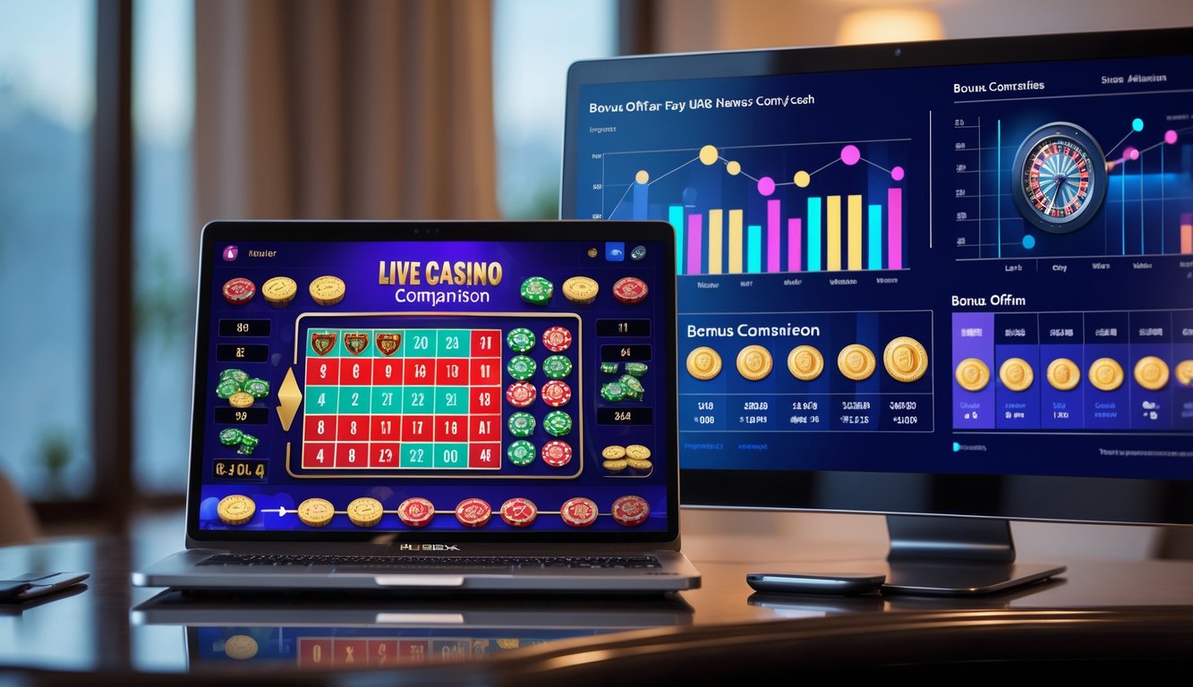 Seorang pengguna sedang melihat permainan kasino langsung online di laptop dengan grafik perbandingan bonus di sampingnya.