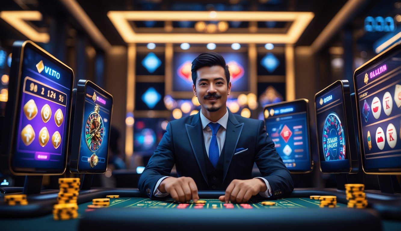 Seorang pria percaya diri duduk di depan beberapa layar komputer yang menampilkan permainan kasino online dengan suasana kasino mewah di latar belakang.