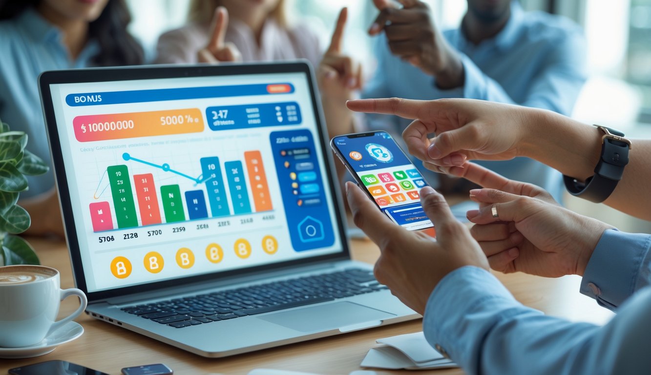 Orang-orang menggunakan laptop dan ponsel untuk bermain togel online di meja kerja dengan suasana yang profesional dan aman.