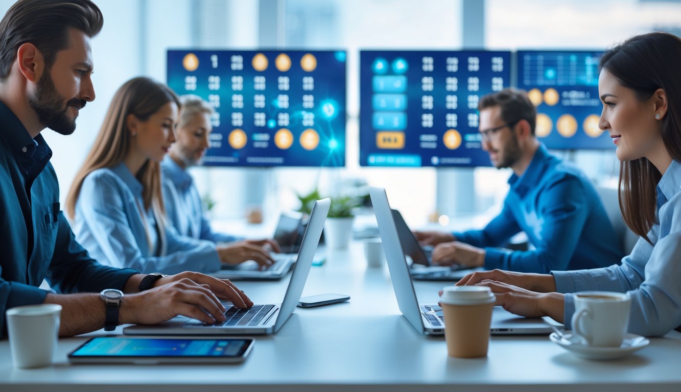 Orang-orang menggunakan laptop dan ponsel di ruang kerja modern dengan layar digital menampilkan angka lotere dan simbol bonus.