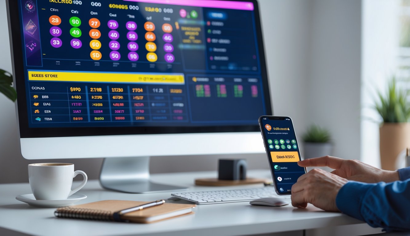Seorang pengguna sedang menggunakan komputer dan ponsel di meja kerja untuk bermain togel online dengan suasana yang terang dan rapi.