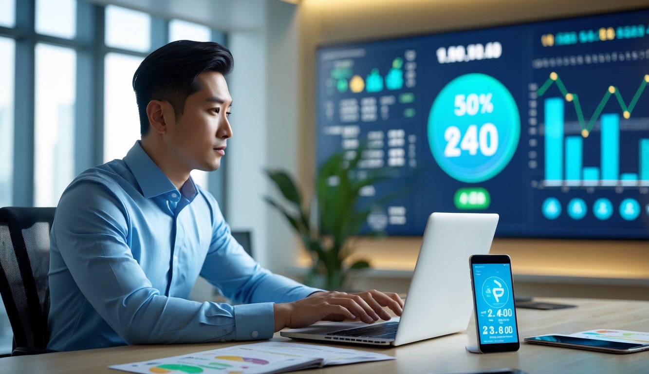 Seorang pria Asia duduk di meja kantor menggunakan laptop dengan grafik dan data di layar, menunjukkan aktivitas terkait togel online terpercaya.