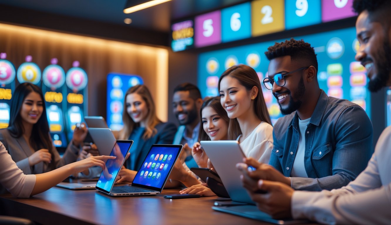 Beberapa orang menggunakan perangkat digital di ruangan modern dengan elemen lotere seperti bola bernomor dan layar jackpot.