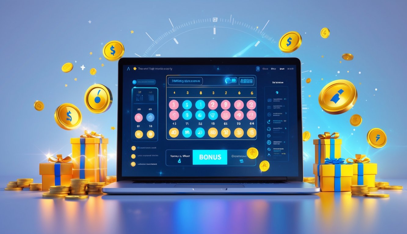 Sebuah ruang kerja modern dengan laptop yang menampilkan antarmuka lotere online, dikelilingi oleh ikon jam dan simbol bonus seperti koin emas dan kotak hadiah.