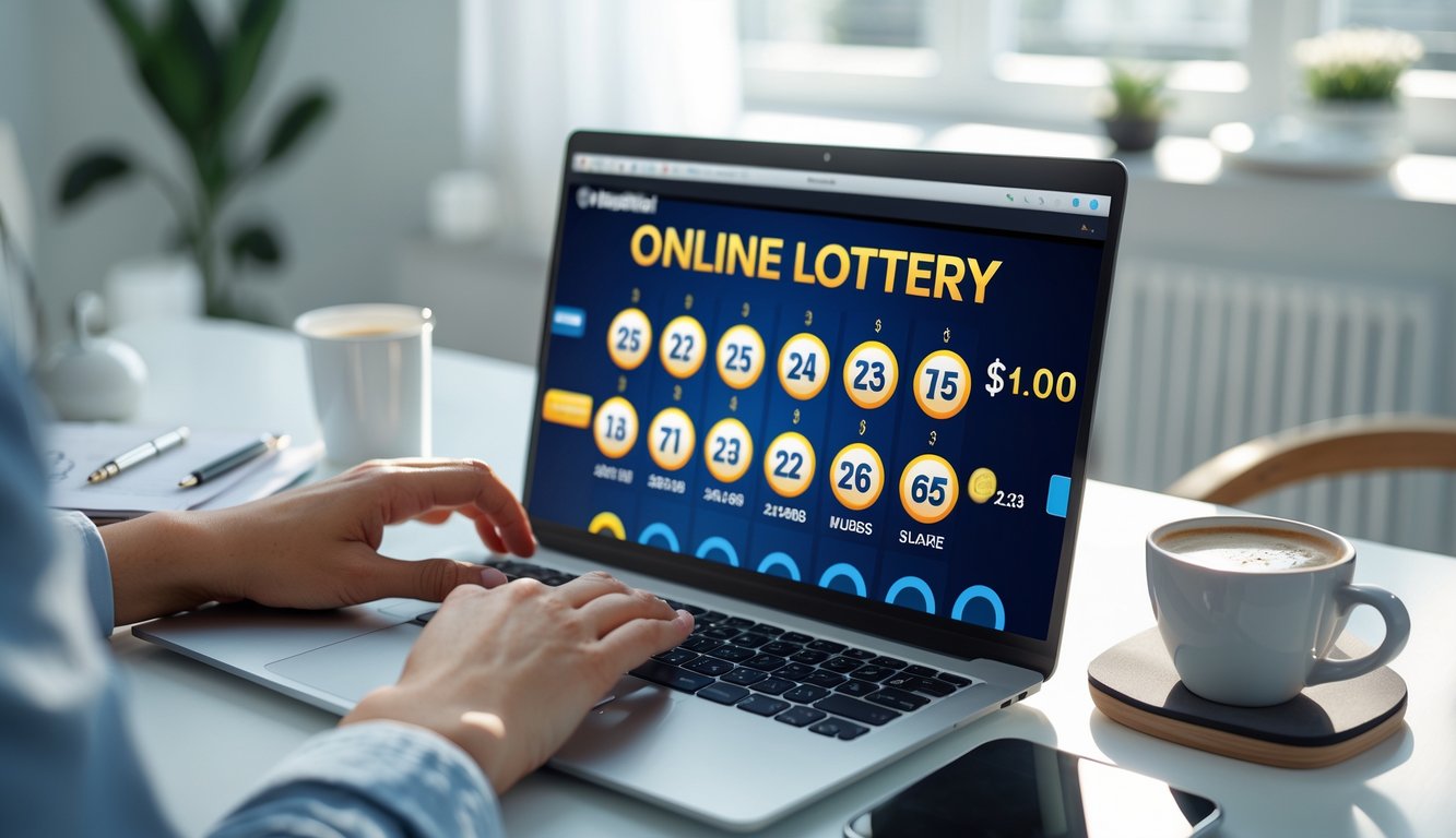Seseorang menggunakan laptop di meja kerja dengan tampilan situs togel online, dikelilingi oleh kopi, smartphone, dan alat tulis di ruangan yang terang.