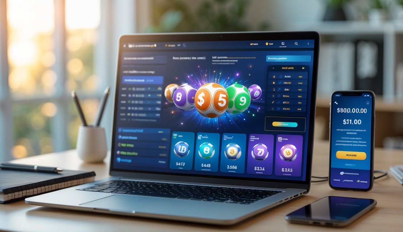 Seseorang menggunakan laptop di meja kerja dengan layar menampilkan situs permainan togel online, dikelilingi oleh buku catatan dan ponsel.
