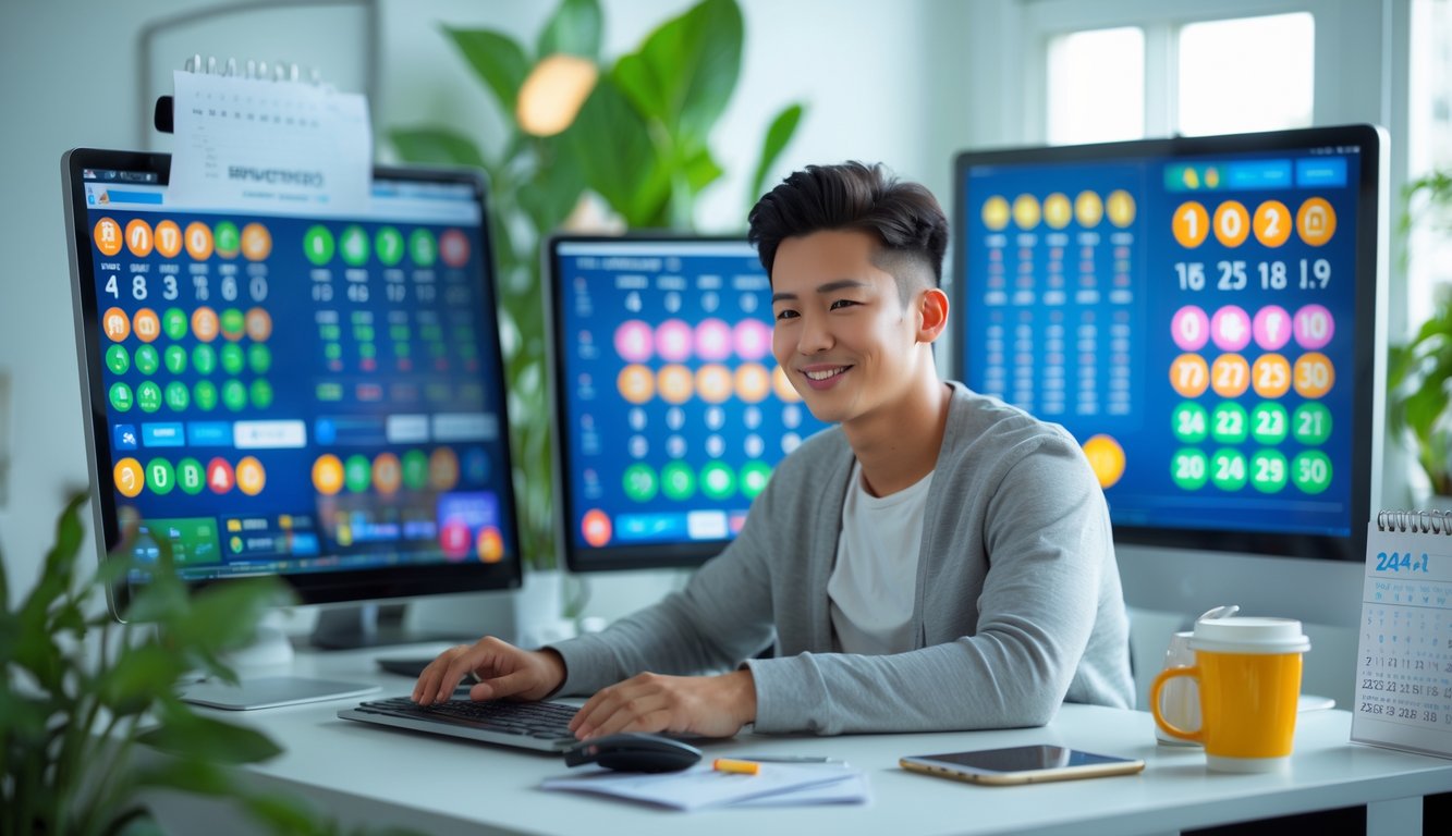Seorang dewasa muda duduk di meja kerja dengan beberapa layar komputer menampilkan angka togel, terlihat percaya diri dan fokus dalam suasana ruang kerja yang terang dan nyaman.