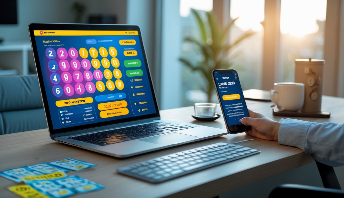 Seorang pria duduk di depan laptop dengan layar menampilkan situs judi togel online, di meja terdapat tiket togel dan ponsel, suasana ruangan terlihat nyaman dan terang dengan jam digital di latar belakang.