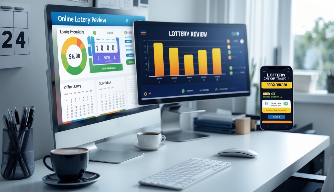Sebuah meja kerja modern dengan komputer dan ponsel yang menampilkan antarmuka lotere online, dilengkapi dengan grafik dan suasana yang rapi.