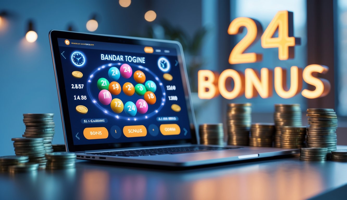 Sebuah laptop di meja kerja menampilkan antarmuka togel online dengan bola togel, tumpukan uang, dan jam digital yang menunjukkan layanan 24 jam.
