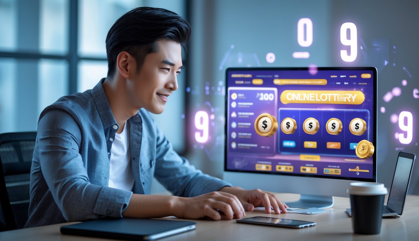 Seorang pria muda duduk di meja dengan laptop, fokus pada layar yang menampilkan situs togel online, dengan suasana ruangan yang modern dan peralatan kerja di sekitarnya.