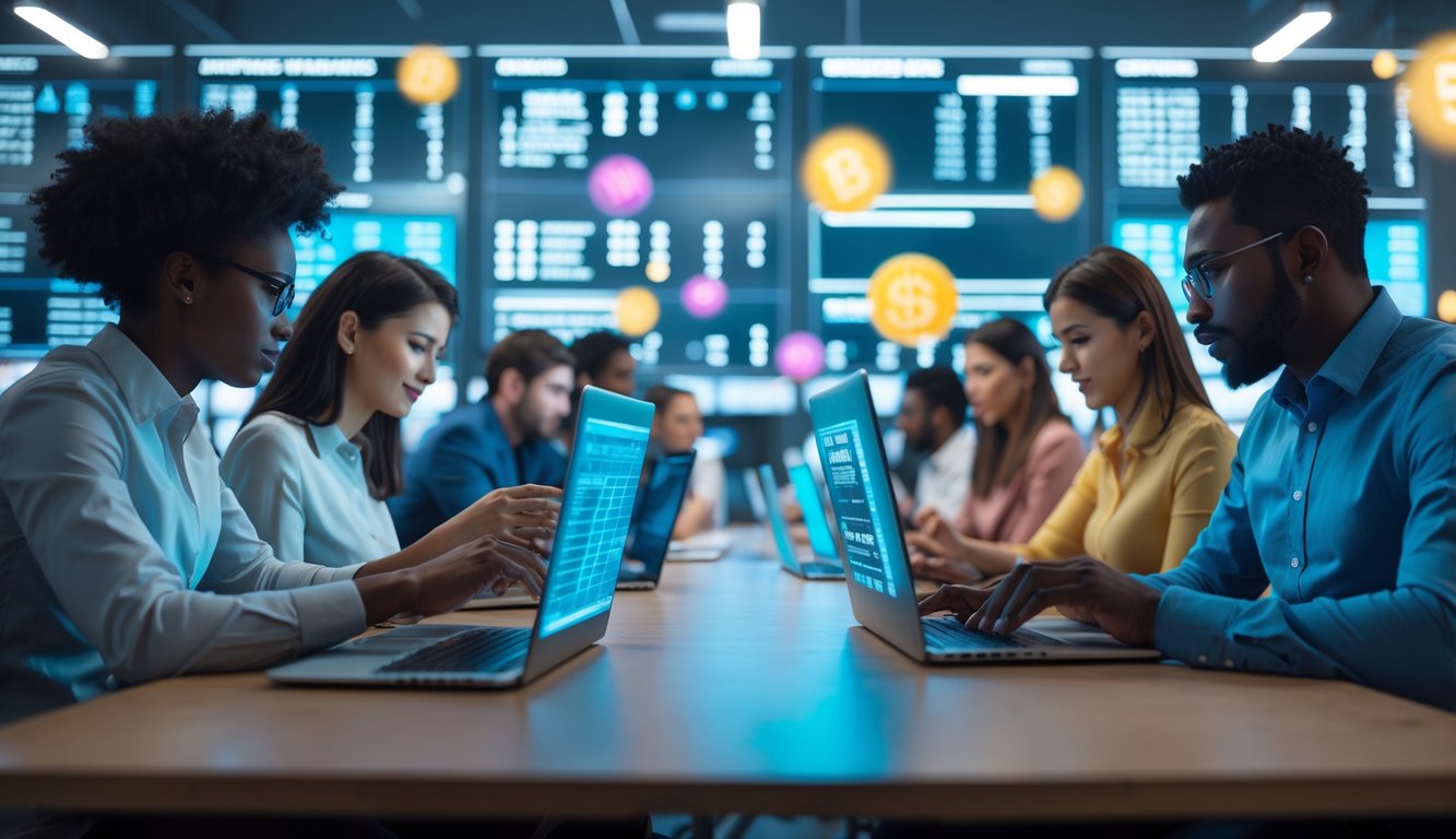 Orang-orang menggunakan laptop dan ponsel di kantor modern, fokus pada aktivitas terkait bonus togel online.