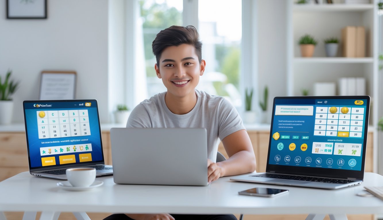 Seorang dewasa muda duduk di meja kerja dengan laptop dan ponsel yang menampilkan antarmuka lotere online, di ruang kerja rumah yang terang dan bersih.
