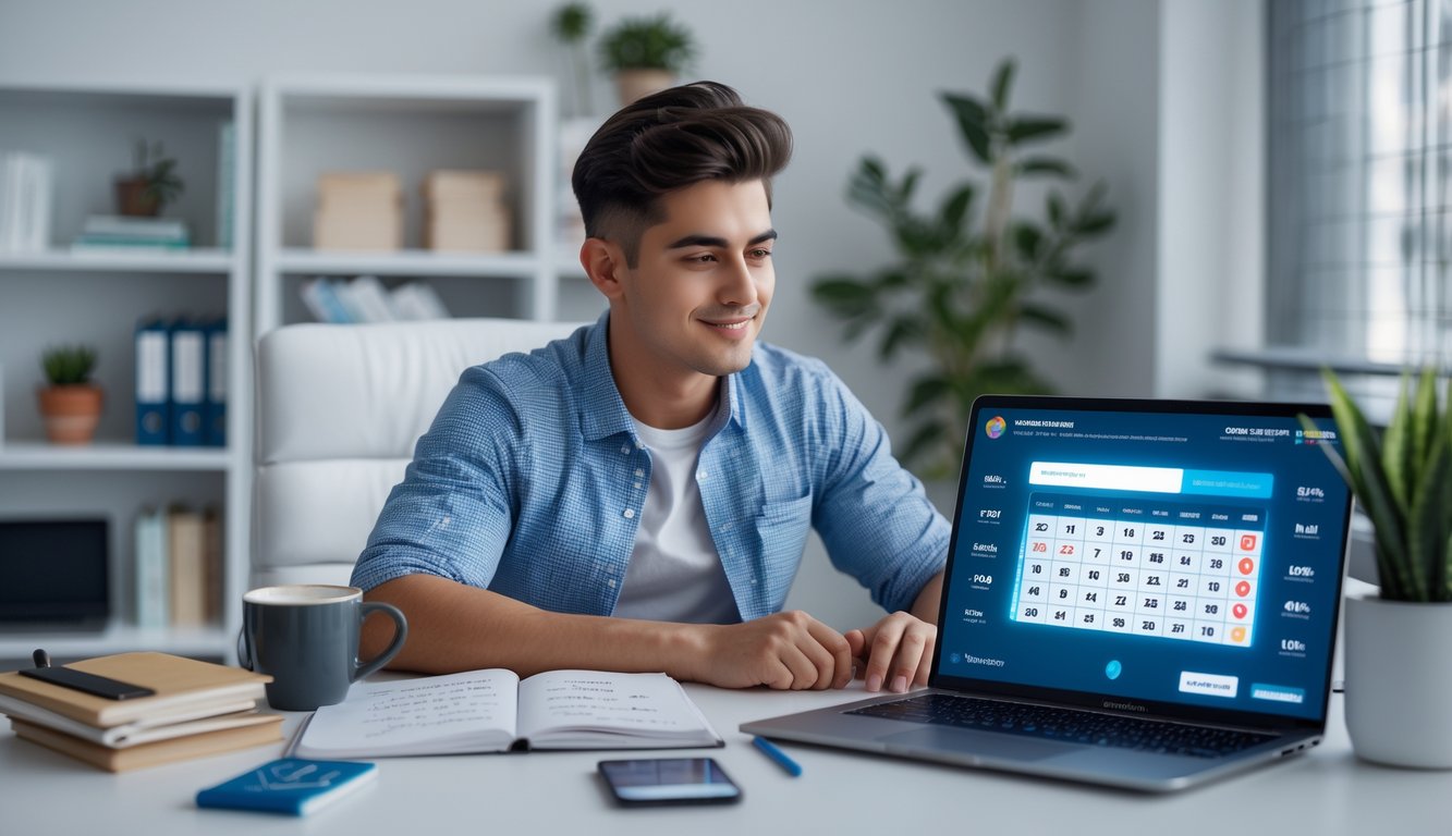 Seorang pria muda duduk di depan laptop di ruang kerja rumah, fokus pada layar dengan tampilan permainan togel online dan alat tulis di meja.