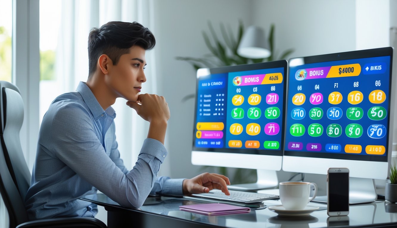 Seseorang duduk di meja kerja dengan beberapa layar komputer yang menampilkan angka togel dan grafik, sedang menganalisis data dalam suasana kantor rumah yang terang.