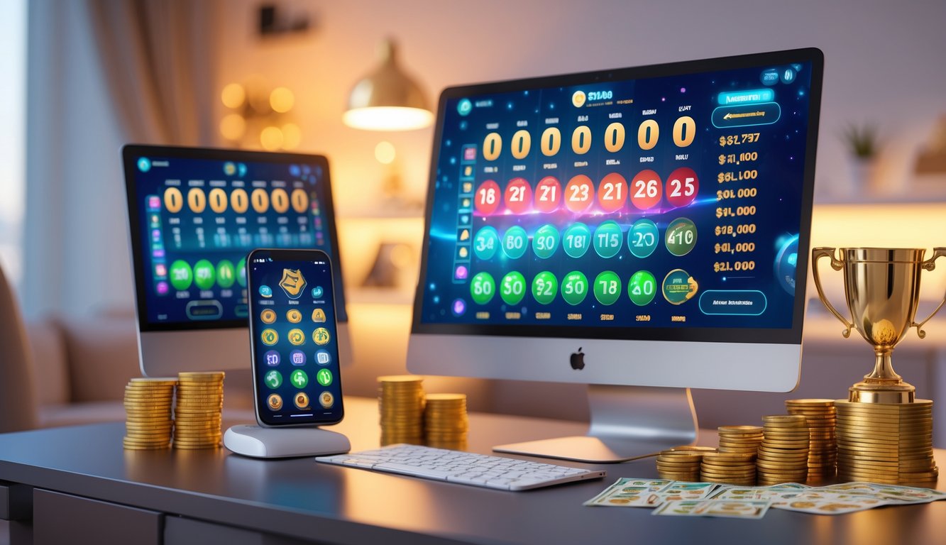 Seorang pria menggunakan komputer dan ponsel di meja dengan angka togel dan koin di sekitarnya dalam suasana ruangan yang nyaman.
