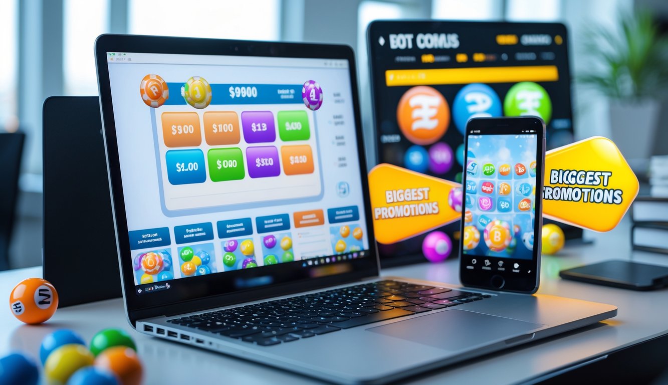 Sebuah meja kerja modern dengan laptop dan ponsel yang menampilkan tampilan situs togel online, dikelilingi bola togel dan jam yang menunjukkan layanan 24 jam.