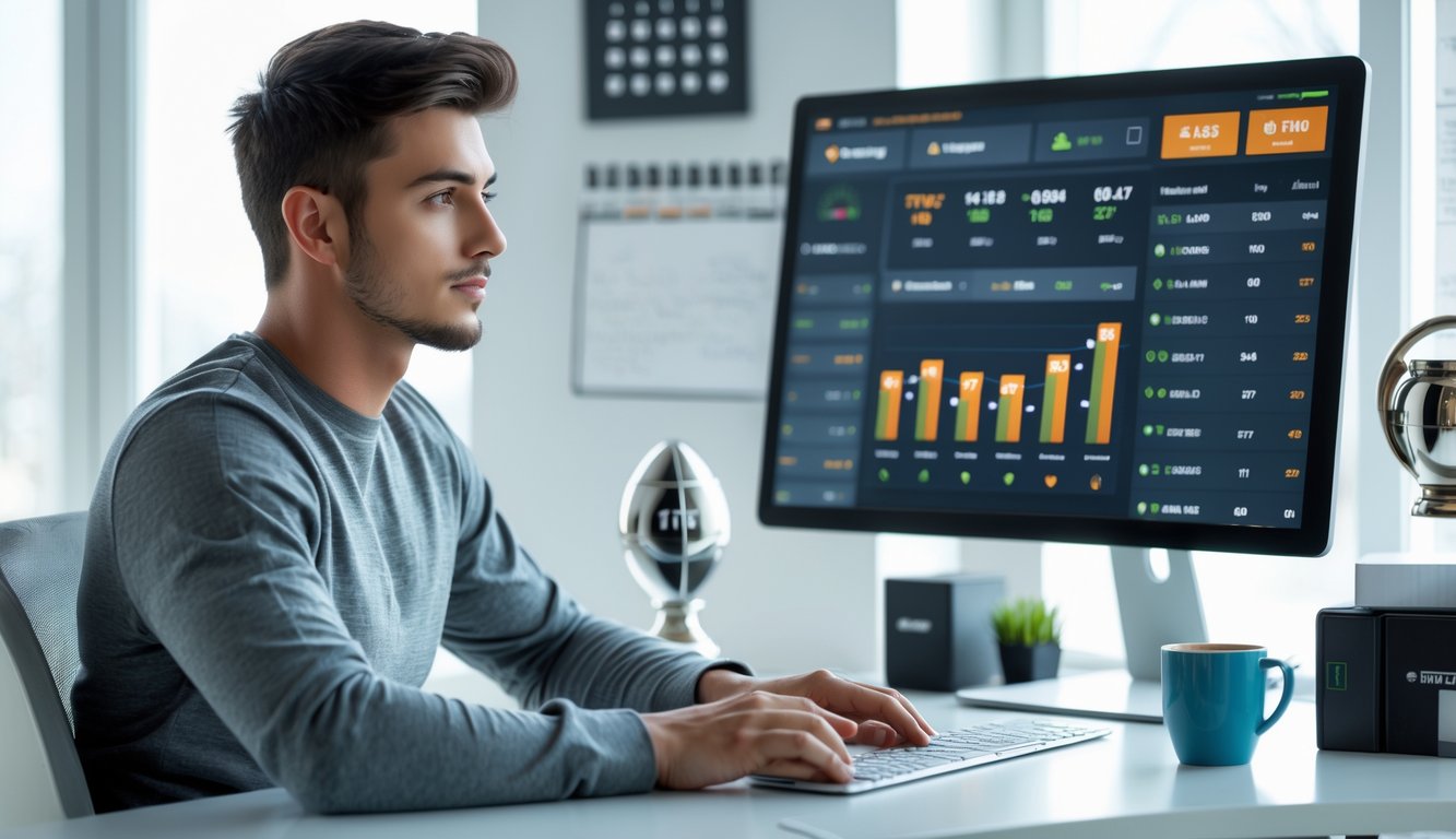 Seorang pria muda duduk di meja dengan komputer yang menampilkan antarmuka taruhan bola online, di ruang kerja yang terang dan rapi.