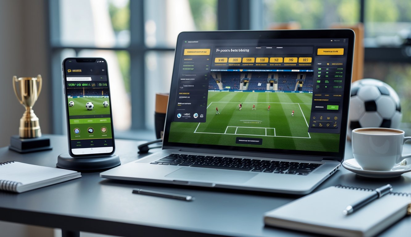 Seorang pengguna duduk di depan laptop dengan situs taruhan bola online terbuka, dikelilingi oleh ponsel yang menampilkan pertandingan sepak bola, secangkir kopi, dan alat tulis di meja.