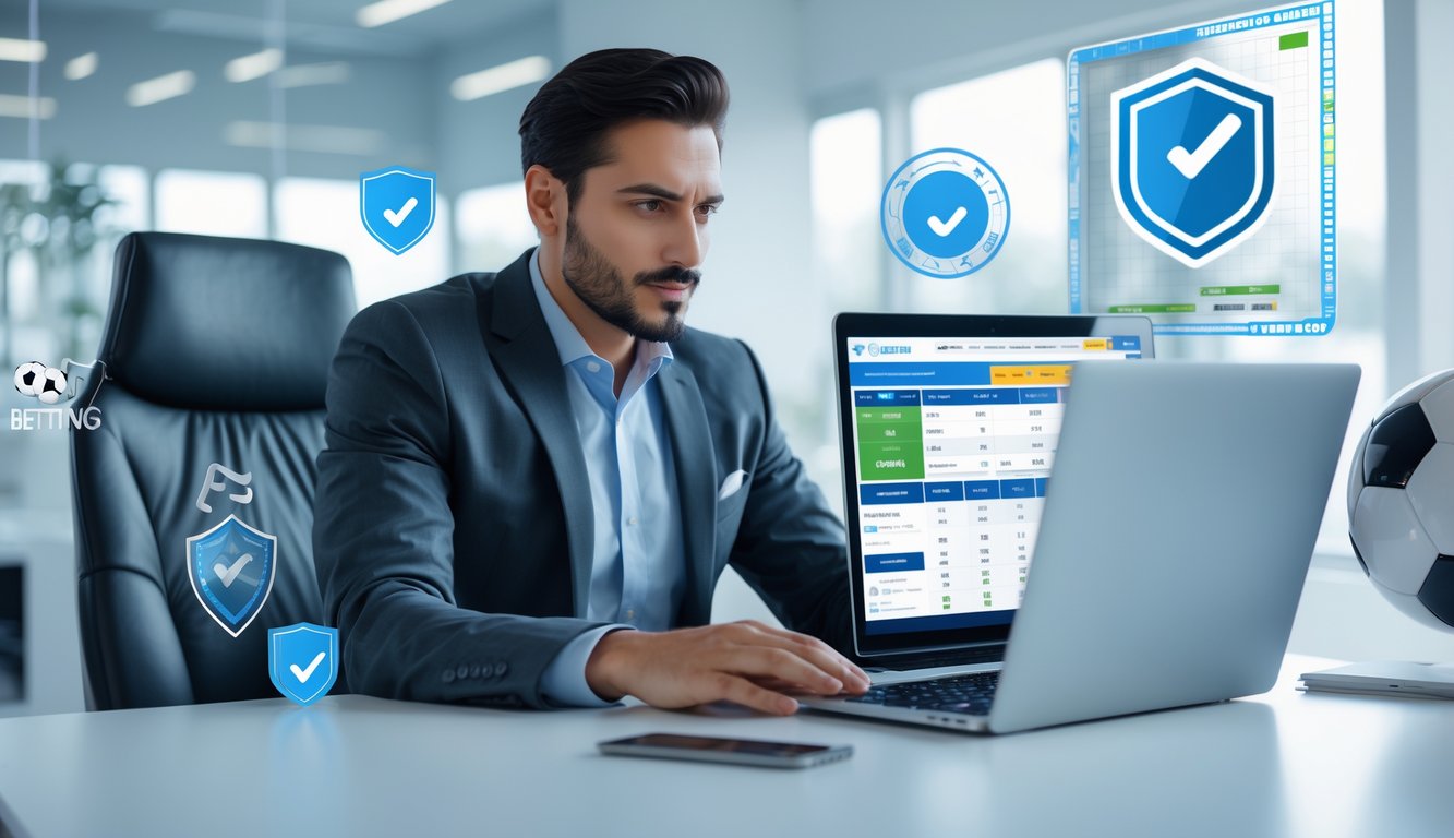 Seorang pria profesional sedang duduk di depan laptop dengan tampilan situs taruhan bola online dan simbol kepercayaan di sekitarnya.