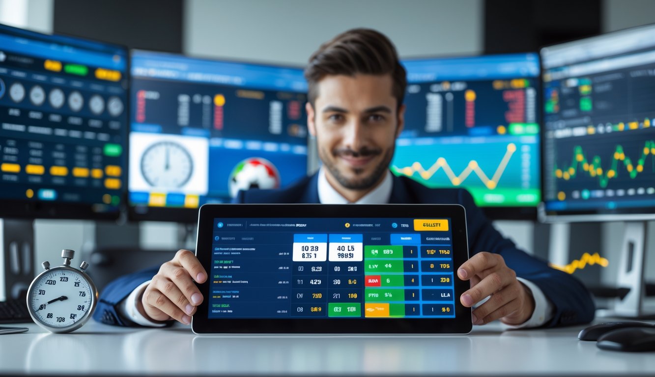 Seorang pebisnis duduk di meja modern dengan tablet digital yang menampilkan statistik taruhan bola, layar di belakang menunjukkan pertandingan sepak bola dan peluang taruhan.