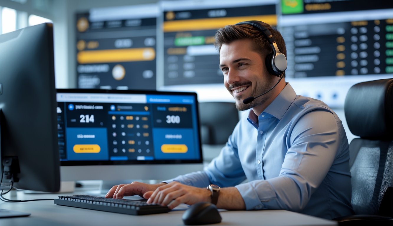 Seorang agen layanan pelanggan duduk di meja kantor modern dengan beberapa monitor komputer yang menampilkan statistik pertandingan sepak bola dan peluang taruhan.