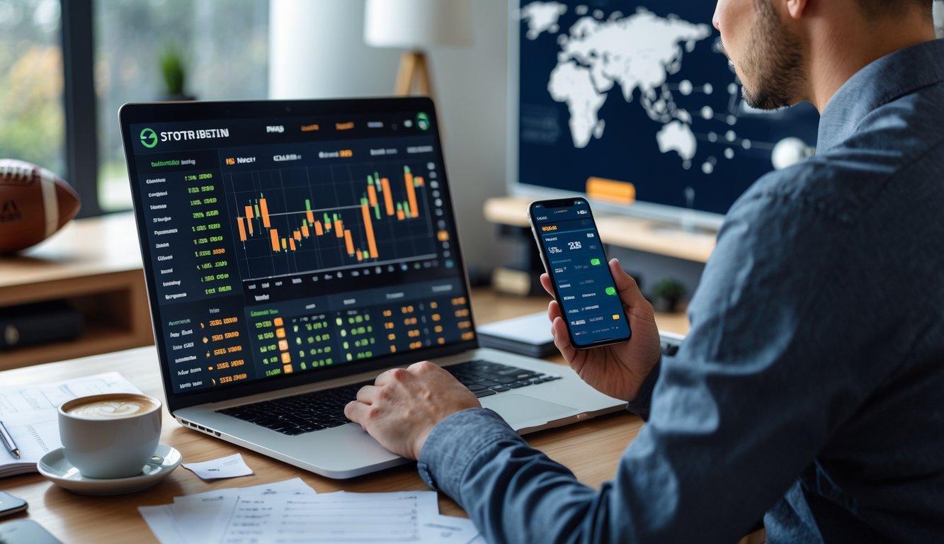 Seseorang sedang menganalisis strategi taruhan bola online di depan laptop dengan layar menampilkan data dan odds tinggi, di ruang kerja yang rapi dan terang.