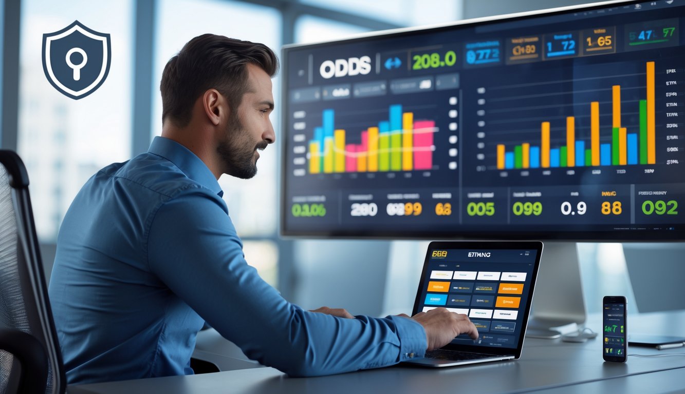Seorang pria sedang menganalisis peluang taruhan bola online di depan layar digital besar di kantor modern.