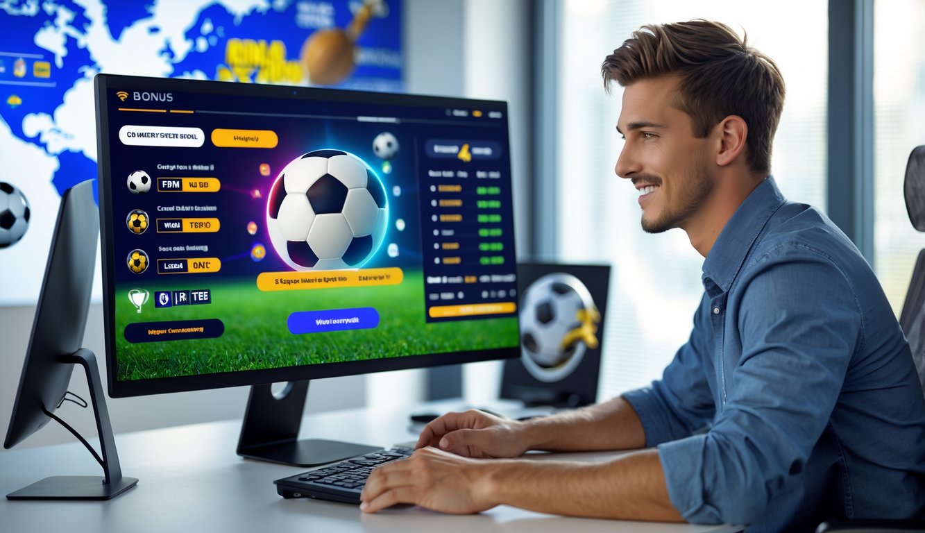Seorang pria muda duduk di meja kantor modern, fokus pada layar komputer yang menampilkan grafik terkait taruhan bola online dengan suasana profesional dan terpercaya.