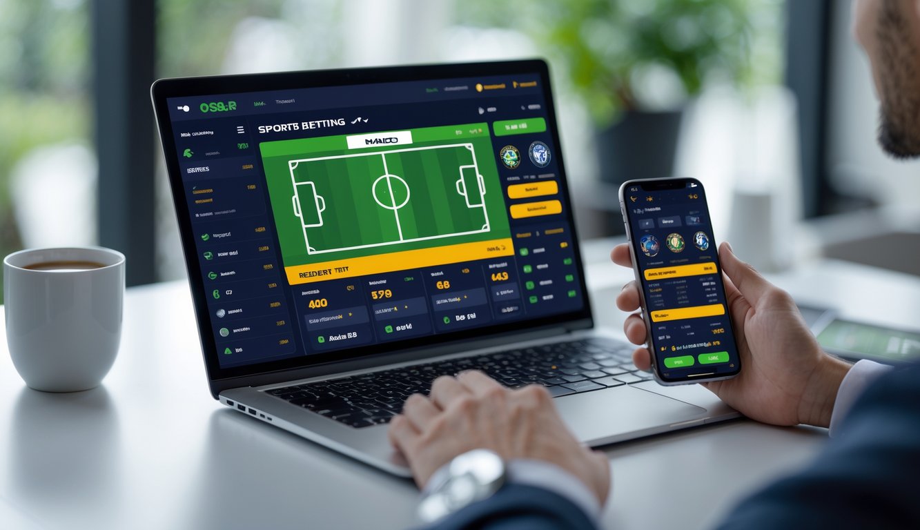 Seorang pengguna sedang melihat layar komputer yang menampilkan antarmuka taruhan bola online dengan skor dan peluang pertandingan sepak bola.