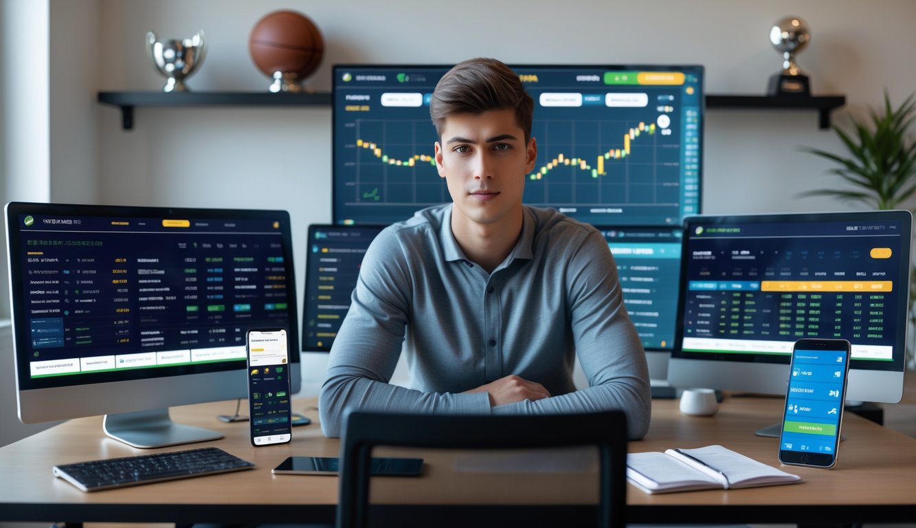Seorang pria muda duduk di meja dengan beberapa layar komputer menampilkan statistik pertandingan sepak bola dan grafik keuangan.